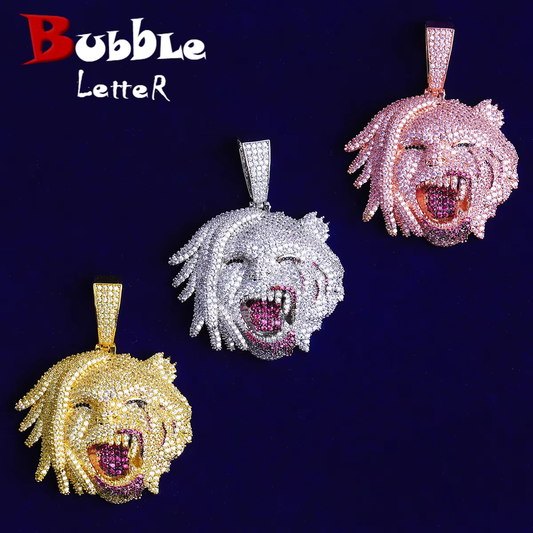 Bubble Letter Iced Out Ugly Head Necklace Pendant for Men Real Gold Plated 5A Cubic Zirconia Hip Hop Jewelry
