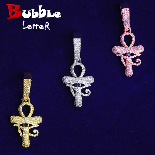 Bubble Letter Iced Out Eye Cross Necklace Pendant for Men 5A Cubic Zirconia Gold Plated Hip Hop Jewelry
