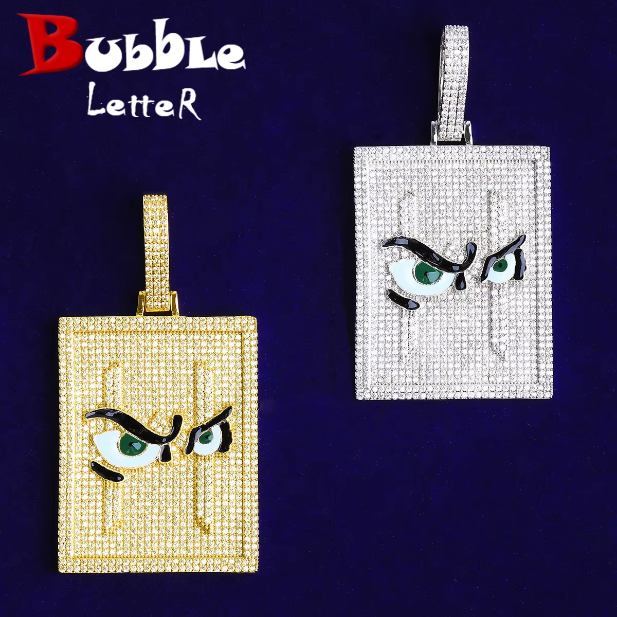 Bubble Letter Iced Out Bird Eye Dog Tag Necklace Pendant for Men Real Gold Plated 5A Cubic Zirconia Hip Hop Jewelry