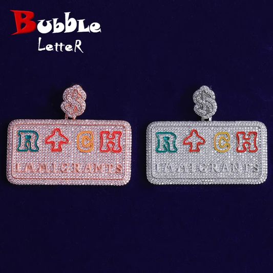 Bubble Letter Iced Out Rich Immigrant Necklace Pendant for Men Real Gold Plated Cubic Zirconia Hip Hop Jewelry
