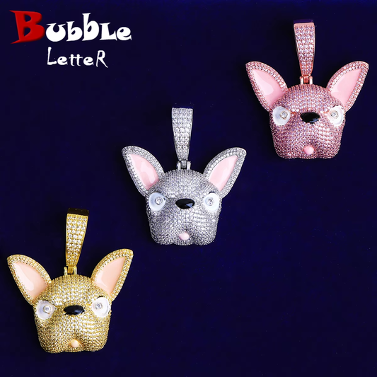 Bubble Letter Iced Out Pink Ears Dog Necklace Pendant for Men Prong Setting 5A Cubic Zirconia Hip Hop Jewelry