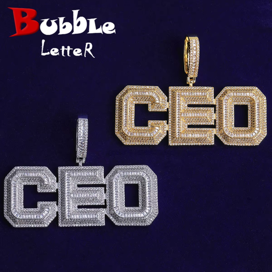 Bubble Letter Iced Out Text Letter CEO Necklace Pendant for Men Real Gold Plated Cubic Zirconia Hip Hop Jewelry