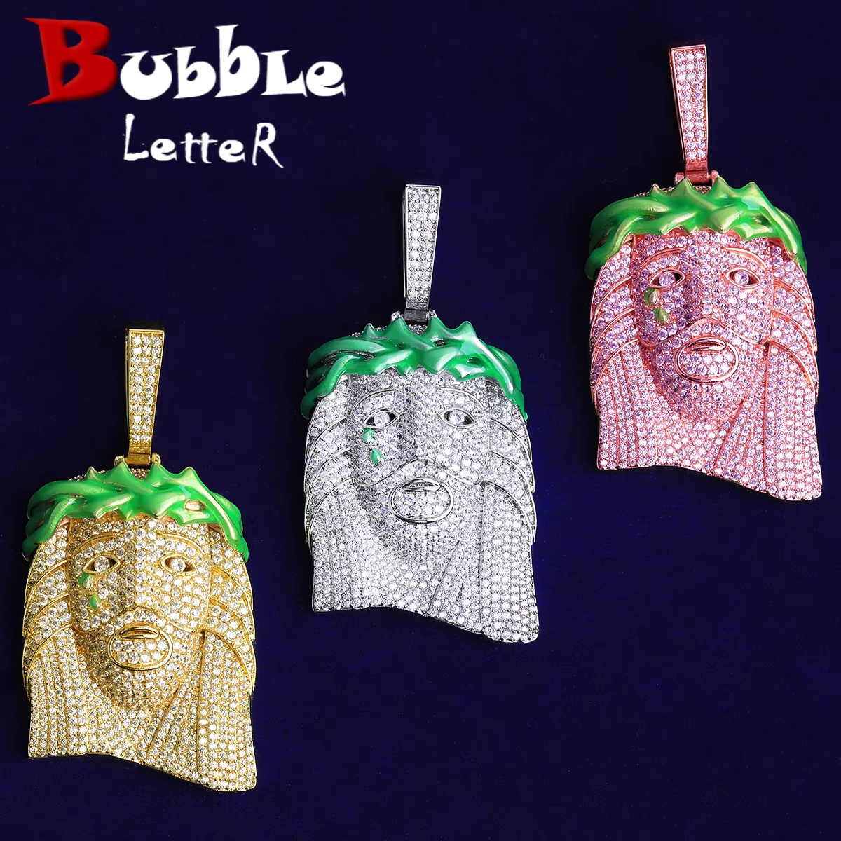 Bubble Letter Iced Out Green Jesus Necklace Pendant for Men 5A Cubic Zirconia Gold Plated Hip Hop Jewelry
