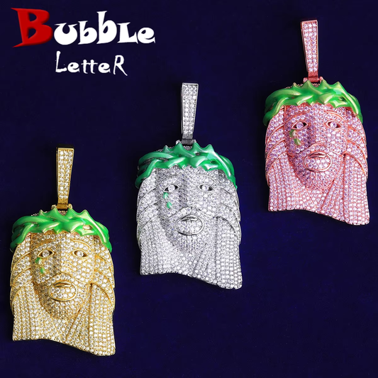 Bubble Letter Iced Out Green Jesus Necklace Pendant for Men 5A Cubic Zirconia Gold Plated Hip Hop Jewelry