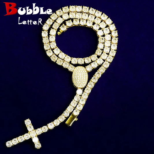 Bubble Letter Tennis chain Necklace Choker Cross Drip for Men 5A Prong Setting Cubic Zirconia Copper Gold Plated Hip Hop Jewelry