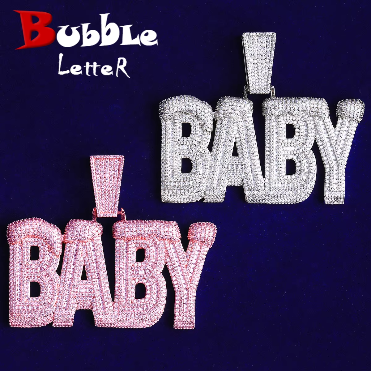 Bubble Letter Iced Out Baby Necklace Pendant for Men 5A Cubic Zirconia Prong Setting Hip Hop Jewelry