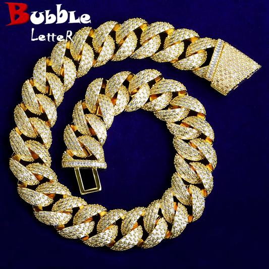 Bubble Letter 25mm Special Clasp Baguette Cuban Link Chain for Men 5A Cubic Zirconia Gold Plated Hip Hop Jewelry