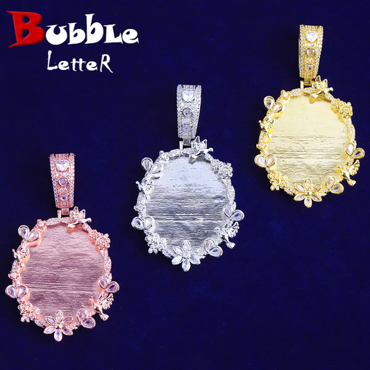 Bubble Letter Oval Dove Rose Flower Custom Photo Necklace Pendant for Women Real Gold Plated Hip Hop Jewelry