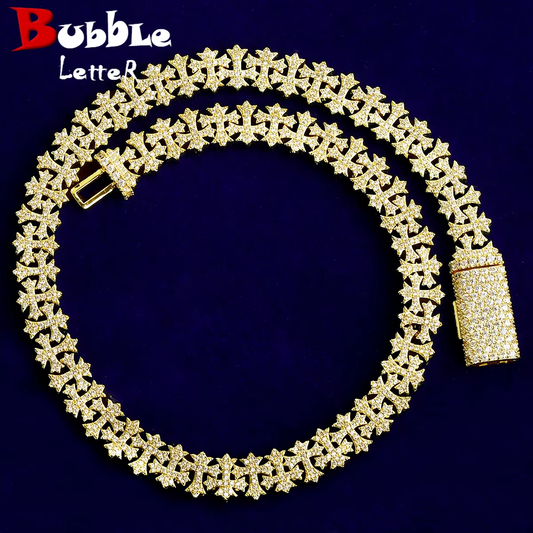 Bubble Letter Iced Out Cross Link Chain for Men Necklace Choker 5A Cubic Zirconia Gold Plated Hip Hop Jewelry