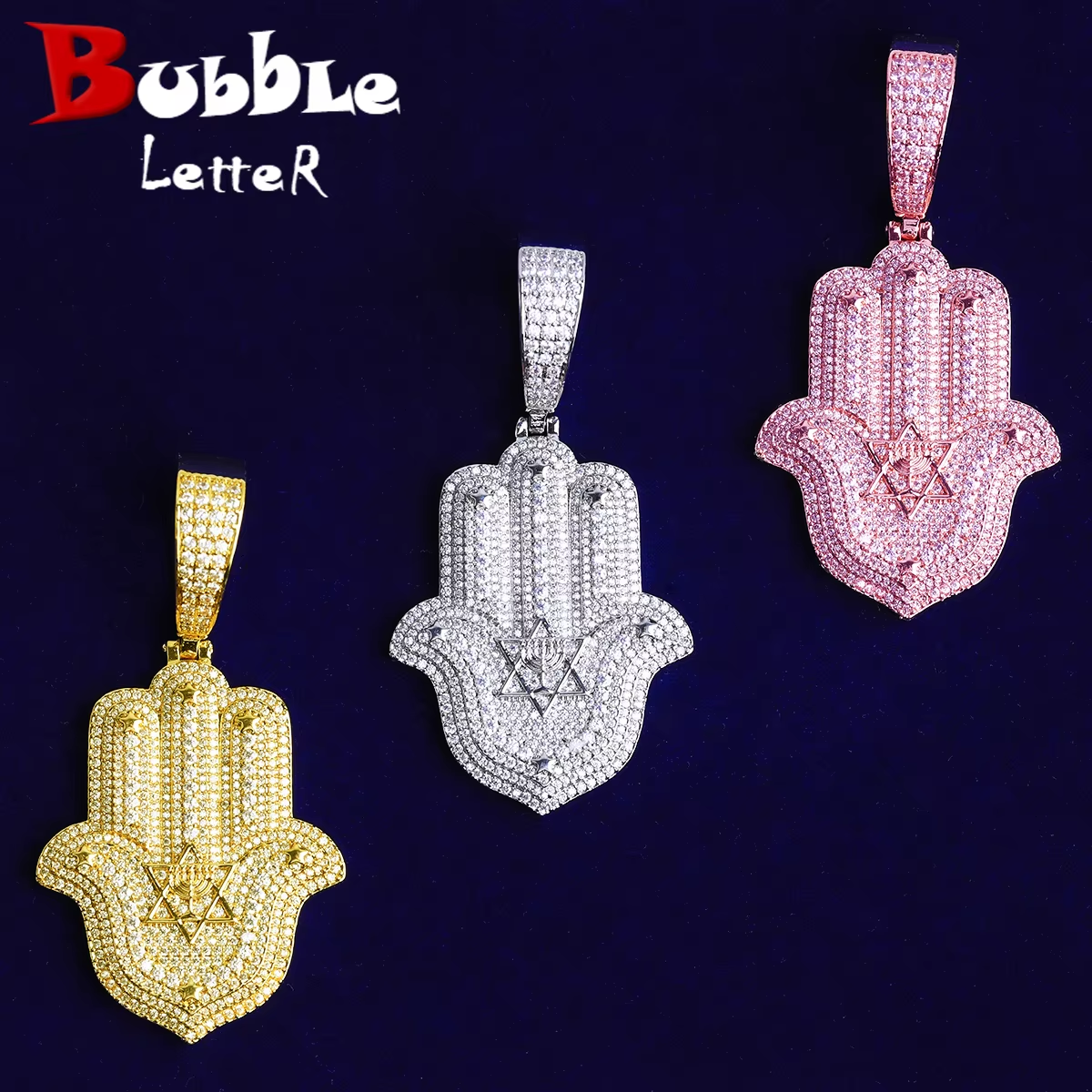Bubble Letter Iced Out Halma Hand David of Star Necklace Pendant for Men Real Gold Plated 5A Cubic Zirconia Hip Hop Jewelry