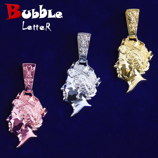 Bubble Letter Iced Out United kingdom Queen Head Necklace Pendant for Men Real Gold Plated 5A Cubic Zirconia Hip Hop Jewelry