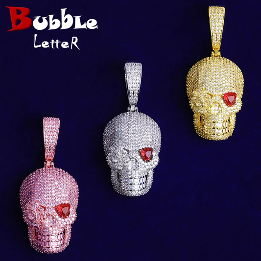 Bubble Letter Iced Out Rose Flower Red Eye Skull Necklace Pendant for Men Prong Setting 5A Cubic Zirconia Hip Hop Jewelry