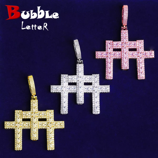 Bubble Letter Iced Out 3 in 1 Cross Necklace Pendant for Men Real Gold Plated 5A Cubic Zirconia Hip Hop Jewelry