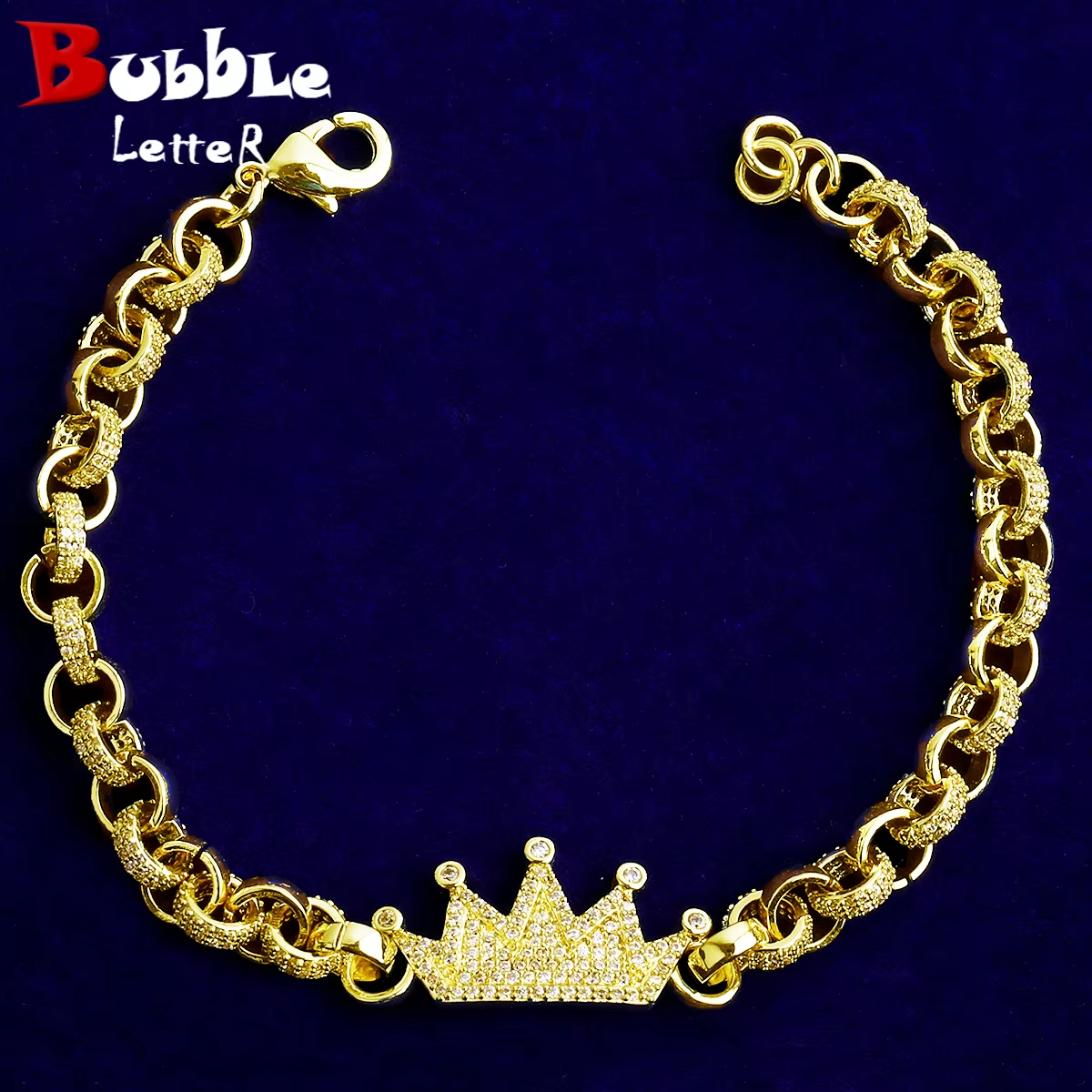 Bubble Letter Iced Out Belcher Bracelet Crown for Women Gold Plated 5A Cubic Zirconia Hip Hop Jewelry