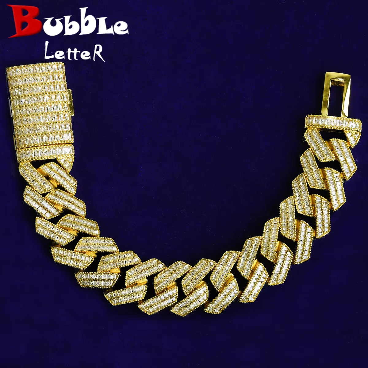 Bubble Letter 20mm Baguette Link Bracelet for Men 5A Cubic Zirconia Gold Plated Hip Hop Jewelry