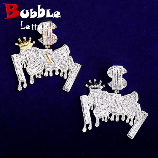 Bubble Letter Iced Out Money Dollar Sign Bail Necklace Pendant for Men 5A Cubic Zirconia Gold Plated Hip Hop Jewelry