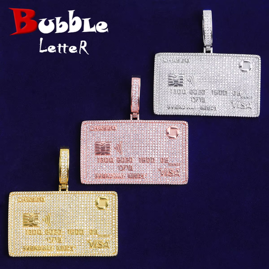Bubble Letter Iced Out Credit Card Necklace Pendant for Men Real Gold Plated 5A Cubic Zirconia Hip Hop Jewelry