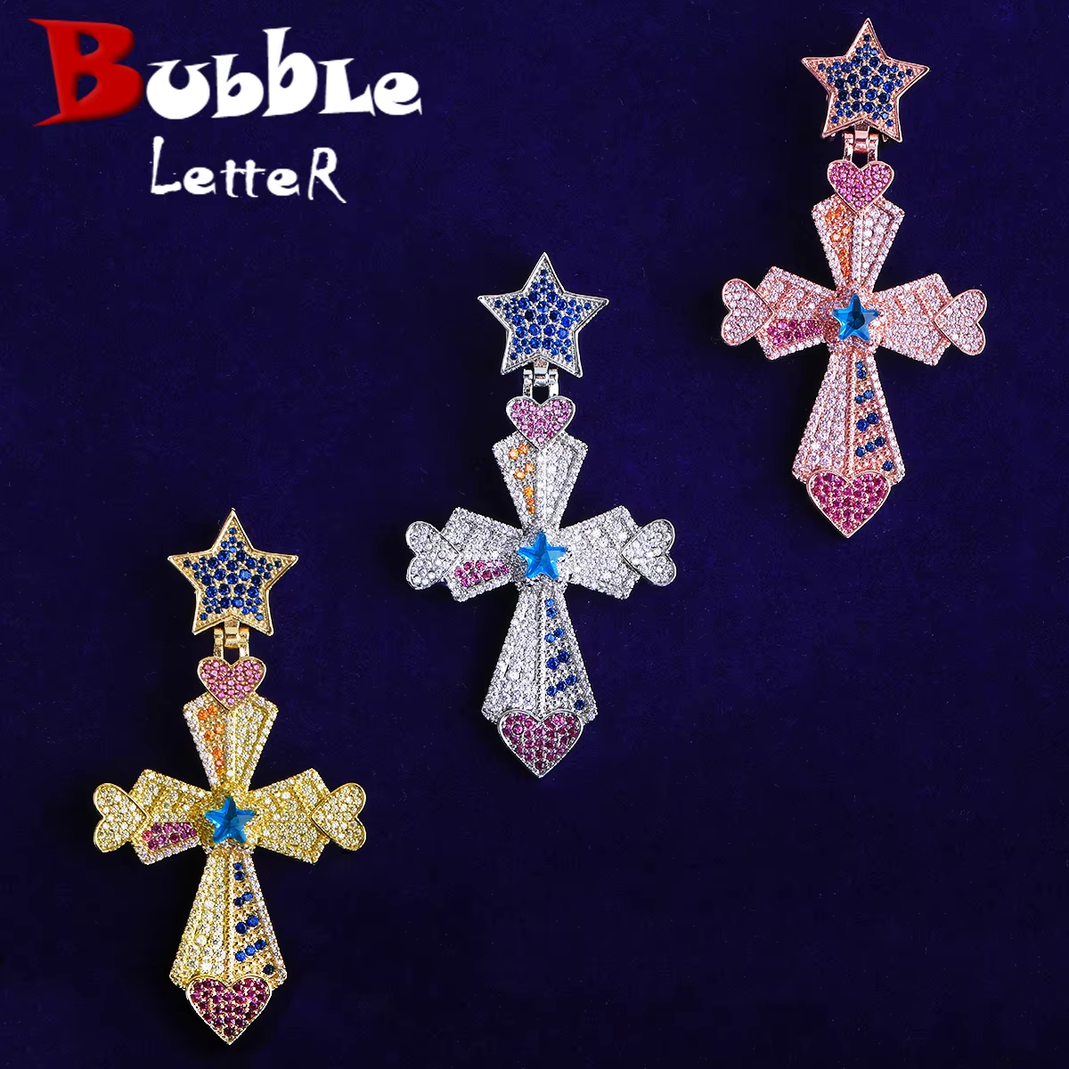 Bubble Letter Iced Out Colorful Cross Heart Arrow Star Bail Necklace Pendant Men Gold Plated 5A Cubic Zirconia Hip Hop Jewelry