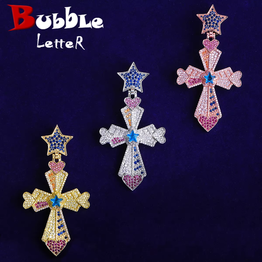 Bubble Letter Iced Out Colorful Cross Heart Arrow Star Bail Necklace Pendant Men Gold Plated 5A Cubic Zirconia Hip Hop Jewelry
