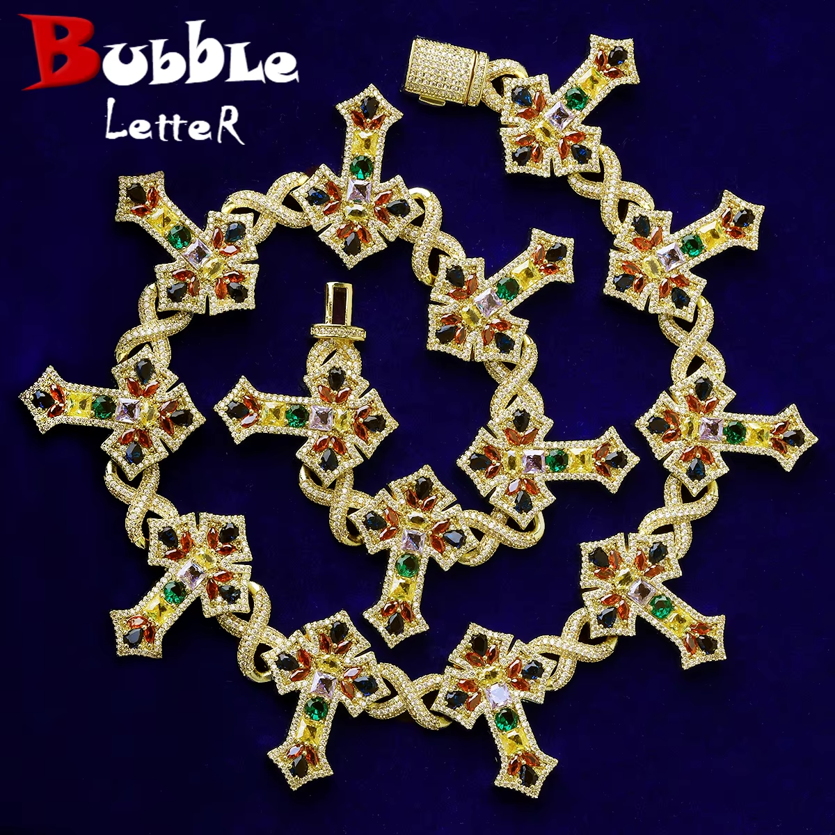 Bubble Letter Iced Out Colorful Cross Link Chain for Men Necklace Choker Prong Setting Hip Hop Jewelry