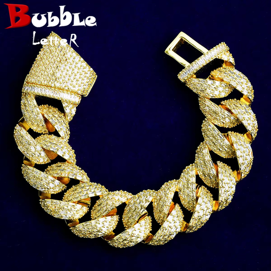 Bubble Letter 25mm Special Clasp Baguette Cuban Link Bracelet for Men 5A Cubic Zirconia Gold Plated Hip Hop Jewelry