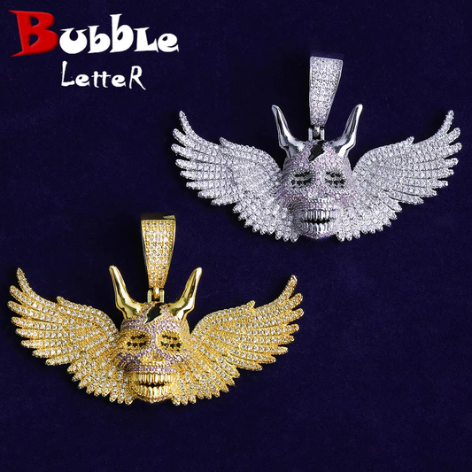 Bubble Letter Iced Out Wing Skull Necklace Pendant for Men Real Gold Plated 5A Cubic Zirconia Hip Hop Jewelry