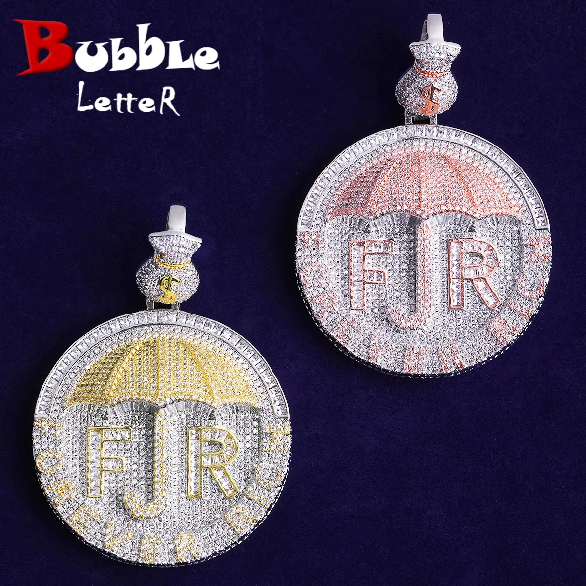 Bubble Letter Iced Out Forever Rich Umbrella necklace Pendant for Women Real Gold Plated 5A Cubic Zirconia Hip Hop Jewelry