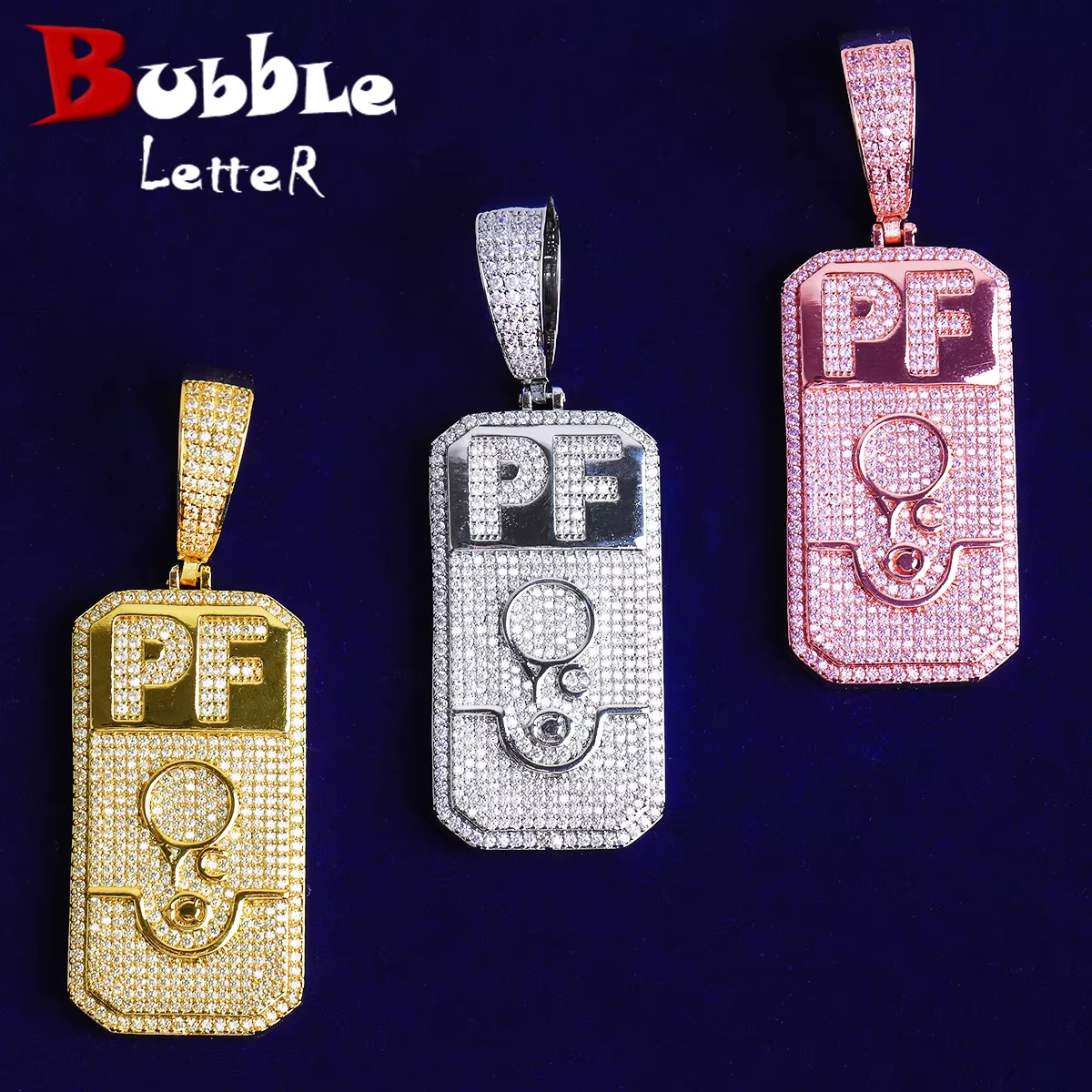 Bubble Letter Iced Out PF Dog Tag Necklace Pendant for Men 5A Cubic Zirconia Gold Plated Hip Hop Jewelry