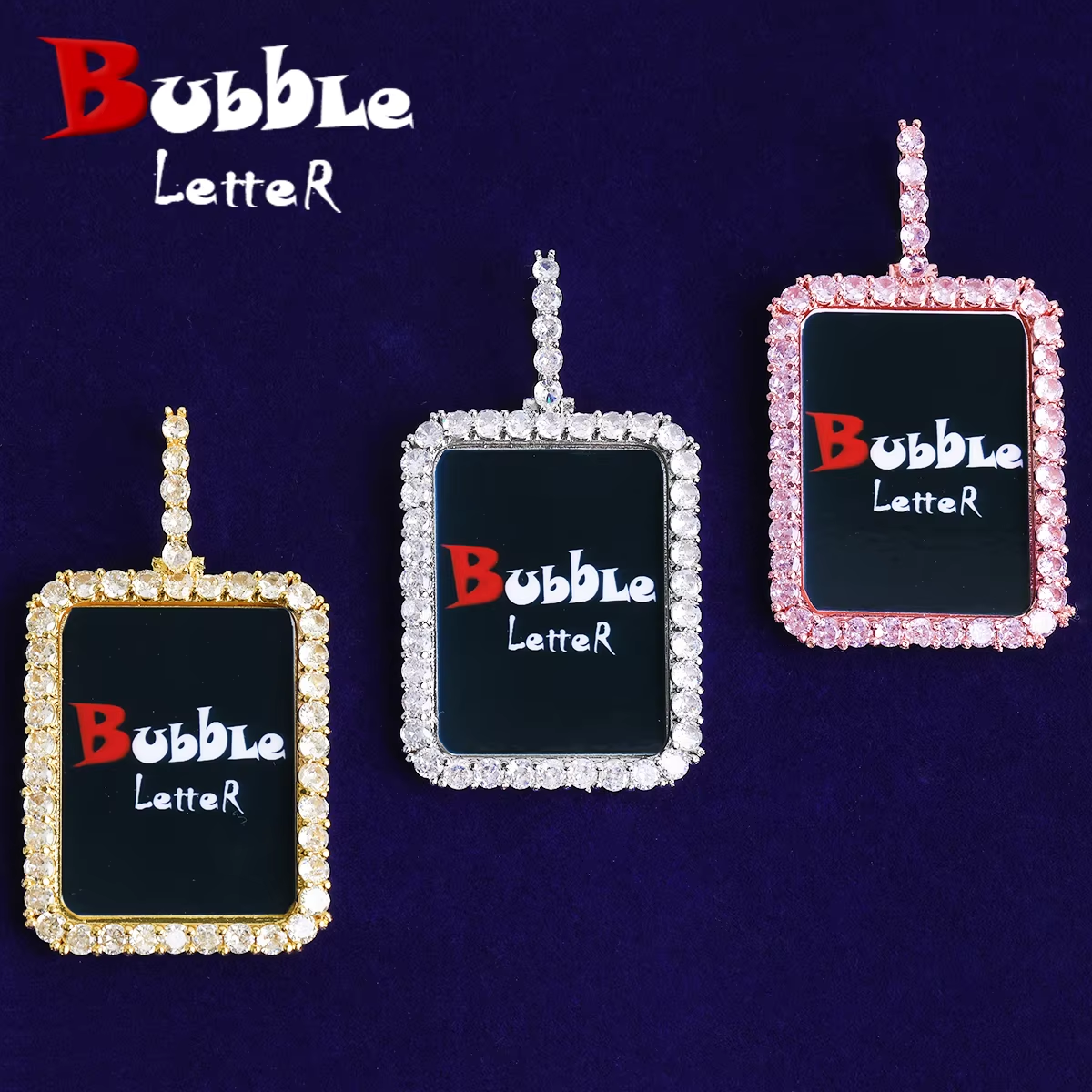 Bubble Letter Iced Solid Back Rectangular Custom Photo Necklace Pendant Men Real Gold Plated 5A Cubic Zirconia Hip Hop Jewelry