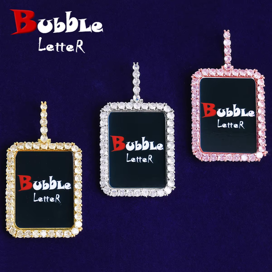 Bubble Letter Iced Solid Back Rectangular Custom Photo Necklace Pendant Men Real Gold Plated 5A Cubic Zirconia Hip Hop Jewelry
