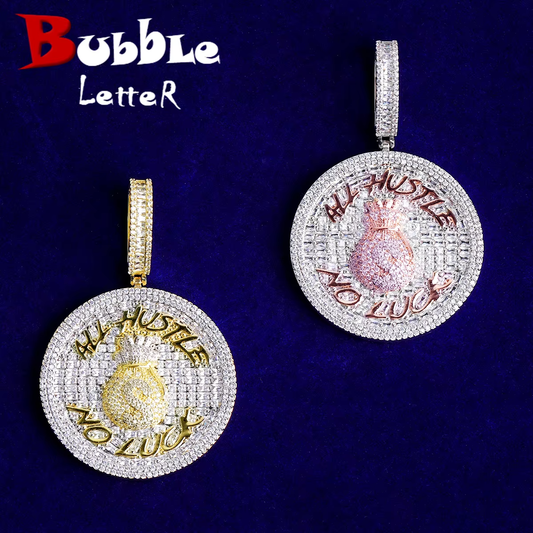 Bubble Letter Iced Out All Hustle No Luck Necklace Pendant for Men 5A Cubic Zirconia Hip Hop Jewelry