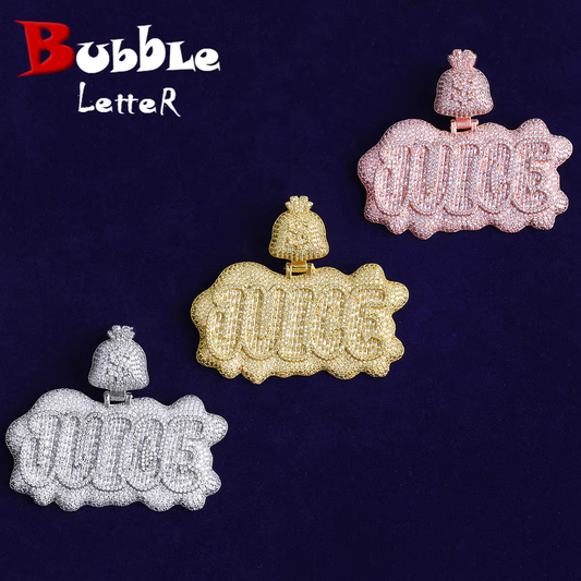 Bubble Letter Iced Out Juice Money Bag Bail Necklace Pendant for Men Real Gold Plated 5A Cubic Zirconia Hip Hop Jewelry