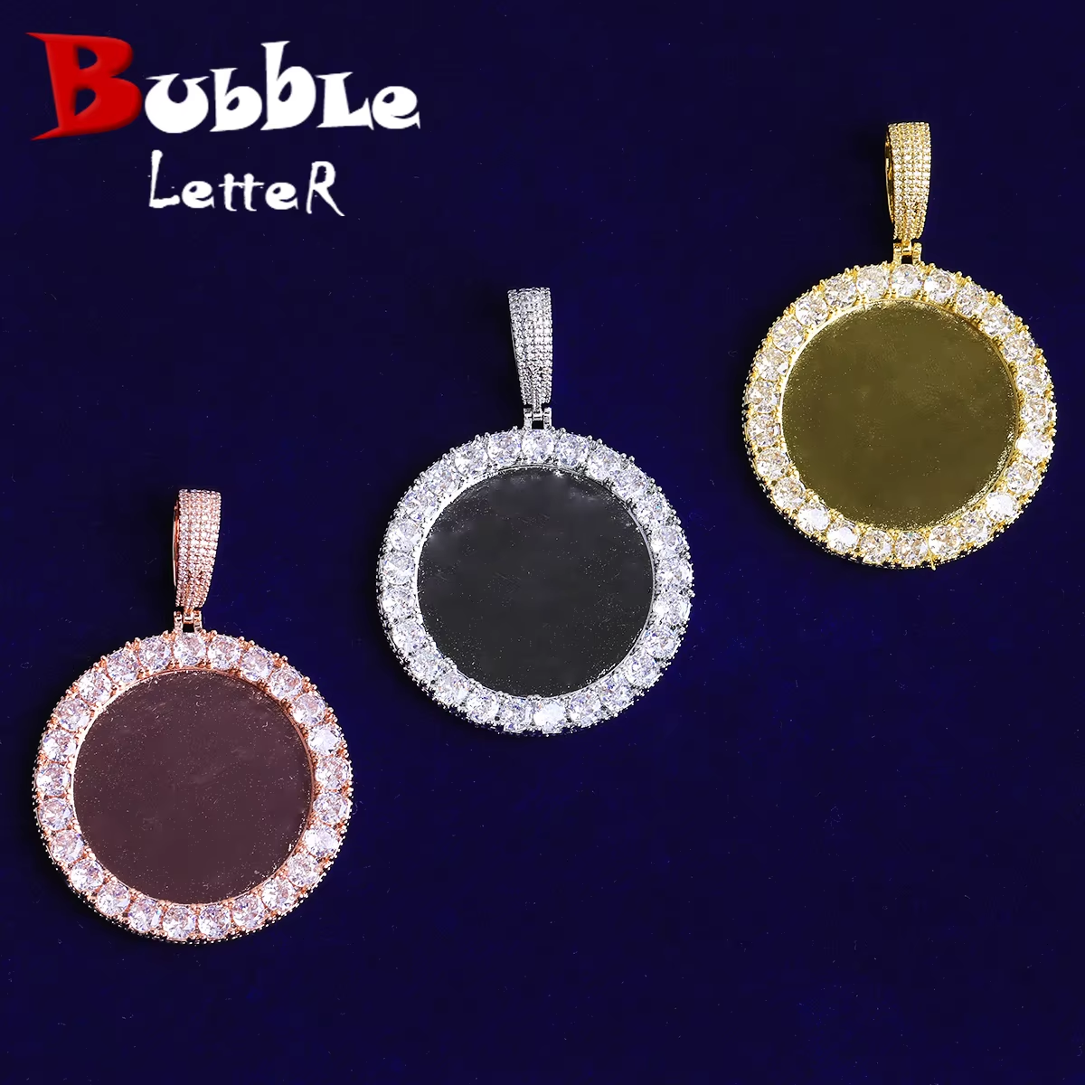 Bubble Letter Iced Out Solid Back Custom Photo Pendant for Men 5A Cubic Zirconia Prong Setting Hip Hop Jewelry