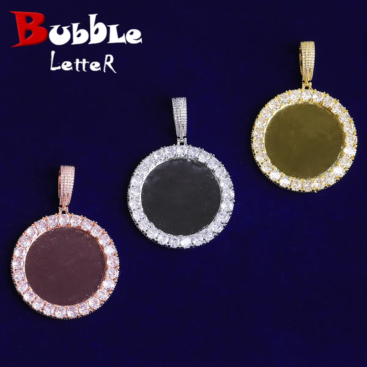 Bubble Letter Iced Out Solid Back Custom Photo Pendant for Men 5A Cubic Zirconia Prong Setting Hip Hop Jewelry