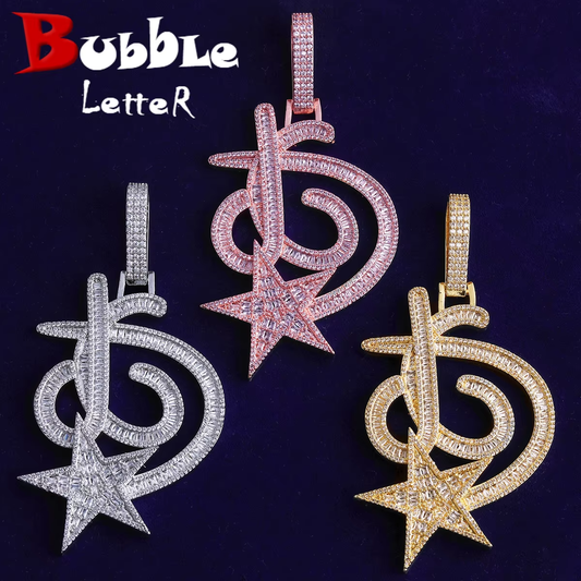 Bubble Letter Iced Out JG Star Necklace Pendant for Men Real Gold Plated Cubic Zirconia Hip Hop Jewelry