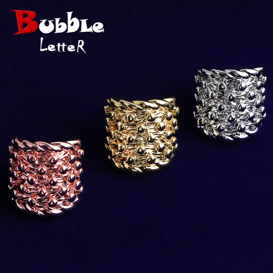 Bubble Letter Iced Out Nugget Ring for Men Real Gold Plated Cubic Zirconia Hip Hop Jewelry