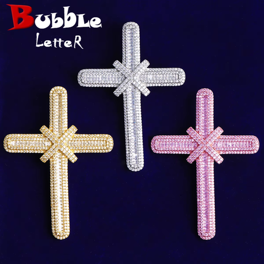 Bubble Letter Iced Out Super Big Cross Necklace Pendant for Men Prong Setting 5A Cubic Zirconia Hip Hop Jewelry