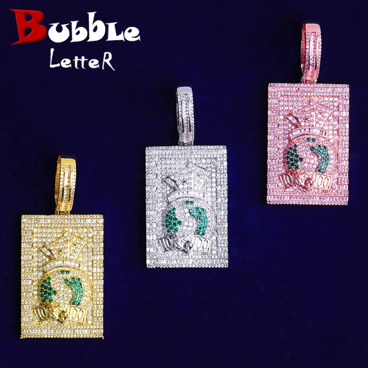 Bubble Letter Iced Out Bling Paved Dollar Dog Tag Necklace Pendant for Men 5A Cubic Zirconia Gold Plated Hip Hop Jewelry