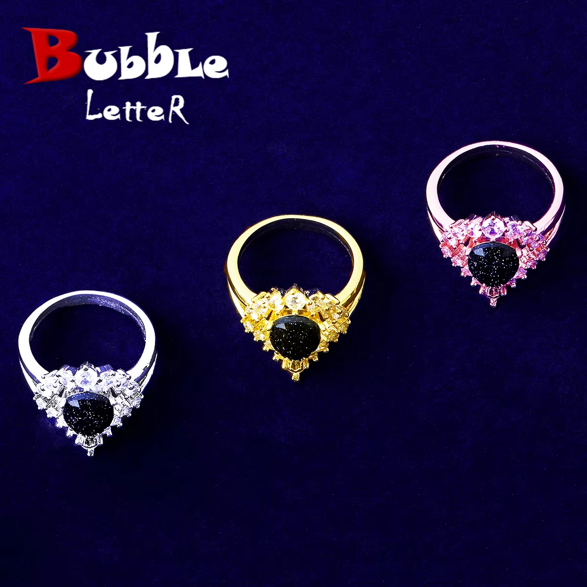 Bubble Letter Iced Out Black Stone Ring for Women Real Gold Plated Hip Hop Jewelry