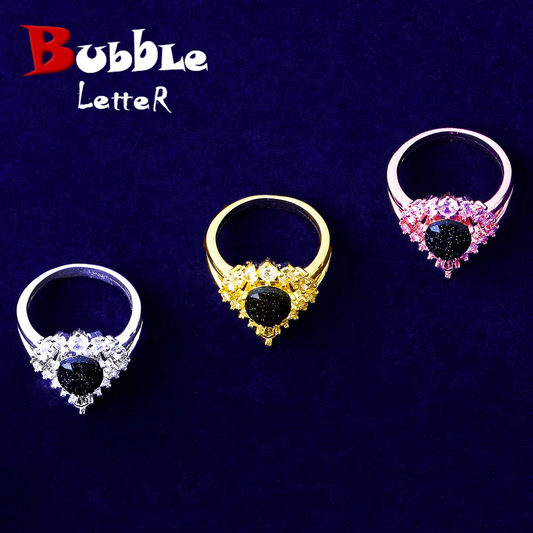Bubble Letter Iced Out Black Stone Ring for Women Real Gold Plated Hip Hop Jewelry