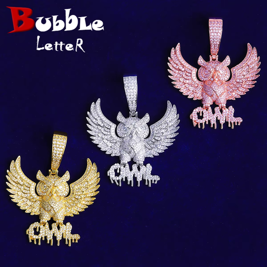 Bubble Letter Iced Out Owl Necklace Pendant for Men 5A Cubic Zirconia Gold Plated Hip Hop Jewelry