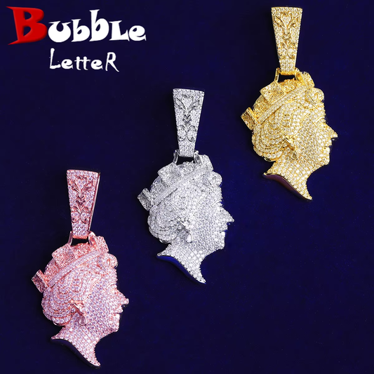 Bubble Letter Iced Out Queen Head Necklace Pendant for Men Real Gold Plated 5A Cubic Zirconia Hip Hop Jewelry
