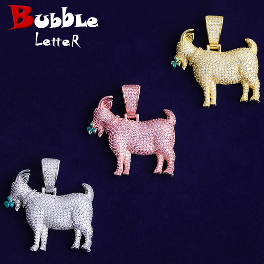 Bubble Letter Iced Out Goat Grass Necklace Pendant for Men Real Gold Plated 5A Cubic Zirconia Hip Hop Jewelry
