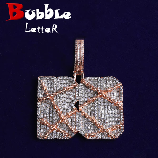 Bubble Letter Iced Out Barbed Wire Custom Name Necklace Pendant for Men Real Gold Plated Hip Hop Jewelry