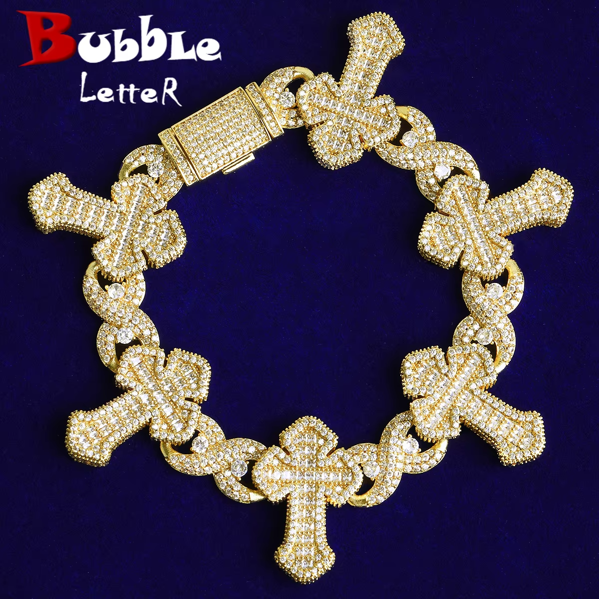 Bubble Letter Iced Out Cross Infinity Bracelet for Men 5A Cubic Zirconia Gold Plated Hip Hop Jewelry