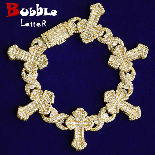 Bubble Letter Iced Out Cross Infinity Bracelet for Men 5A Cubic Zirconia Gold Plated Hip Hop Jewelry