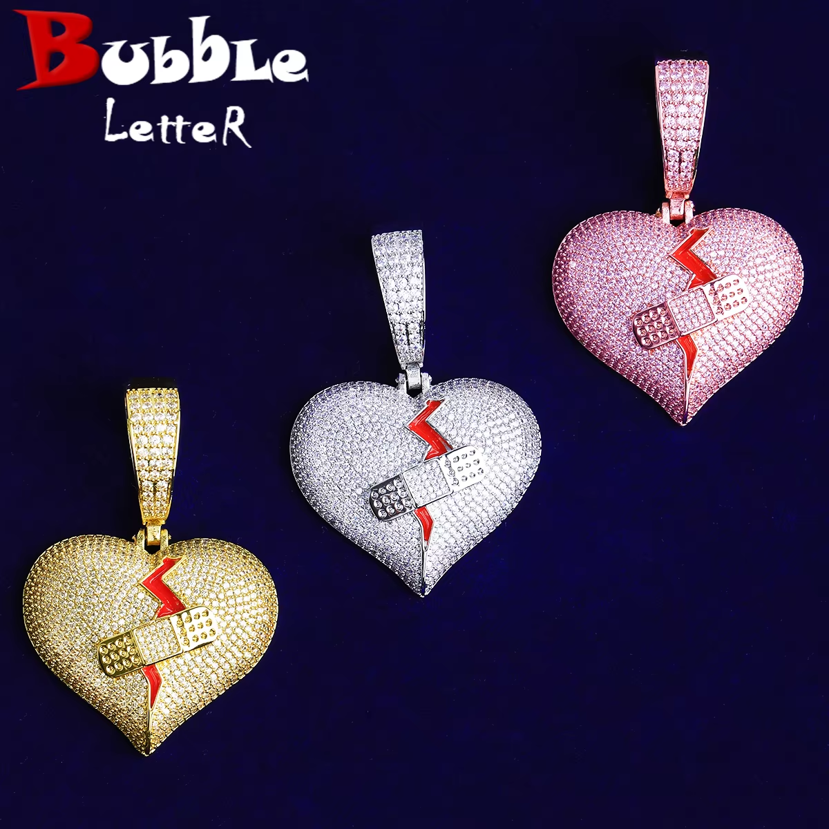Bubble Letter Iced Out Wound Patch Broken Heart Necklace Pendant for Men Real Gold Plated 5A Cubic Zirconia Hip Hop Jewelry