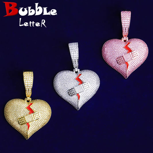 Bubble Letter Iced Out Wound Patch Broken Heart Necklace Pendant for Men Real Gold Plated 5A Cubic Zirconia Hip Hop Jewelry