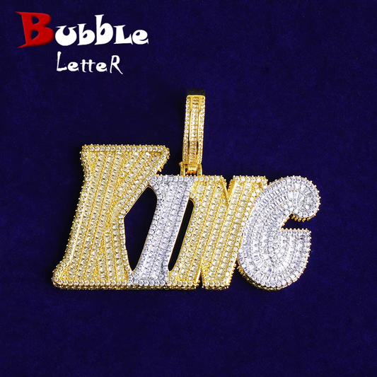 Bubble Letter Iced Out King Necklace Pendant for Men 5A Cubic Zirconia Prong Setting Hip Hop Jewelry