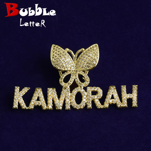 Bubble Letter Iced Out Custom Name Necklace Pendant Butterfly Bail for Women Real Gold Plated 5A Grade Hip Hop Jewelry